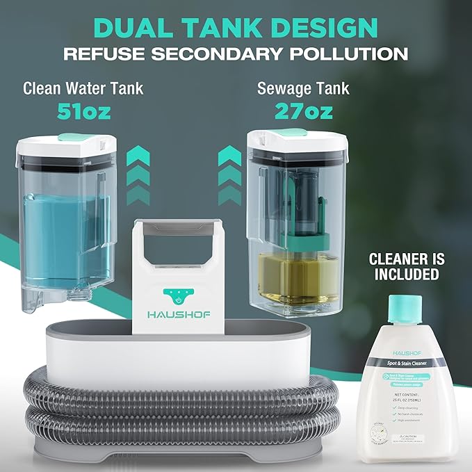 HAUSHOF Cordless Carpet & Upholstery Cleaner, Lightweight Deep Fabric Cleaner Machine with Brushless Motor & Powerful Suction for Pet Stains, Couch, Rug, Car Seats, Spot & Stain Cleaner Included