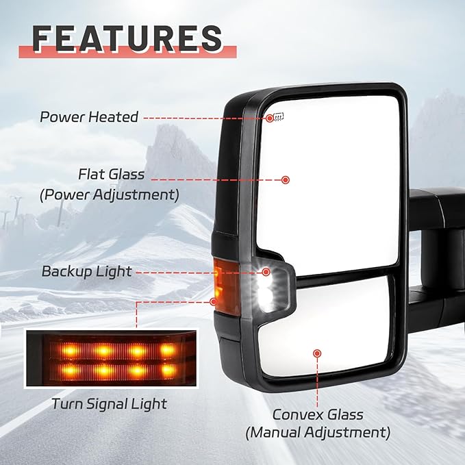 Towing Mirrors Compatible with 1999-2002 Chevy Silverado GMC Sierra 1500 2500,2001-2002 Silverado Sierra 1500HD 2500 HD 3500 Power Heated Amber Turn Signal Clearance Lamp Black Pair Set