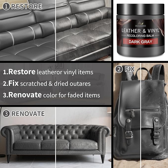 Leather Recoloring Balm and Scratch Repair Kit, Dark Gray Leather Restorer for Couches, Furniture, Car Seats, Leather Paint & Stain for Sofa, Chairs, Bags, and More