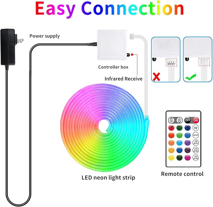 16.4FT DC24V RGB LED Neon Rope Lights with Remote/APP Control, Waterproof, Flexible, Multicolor, Modern Style for Bedroom, Room, Outdoors, Christmas Decor