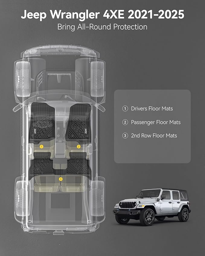 3W Floor Mats Fit for Jeep Wrangler 4XE 2021-2024 2025 Hybrid 4 Door (Non JL or JK), Black All-Weather TPE Floor Liner for 1st and 2nd Row Full Set Car Mats, Grey Logo