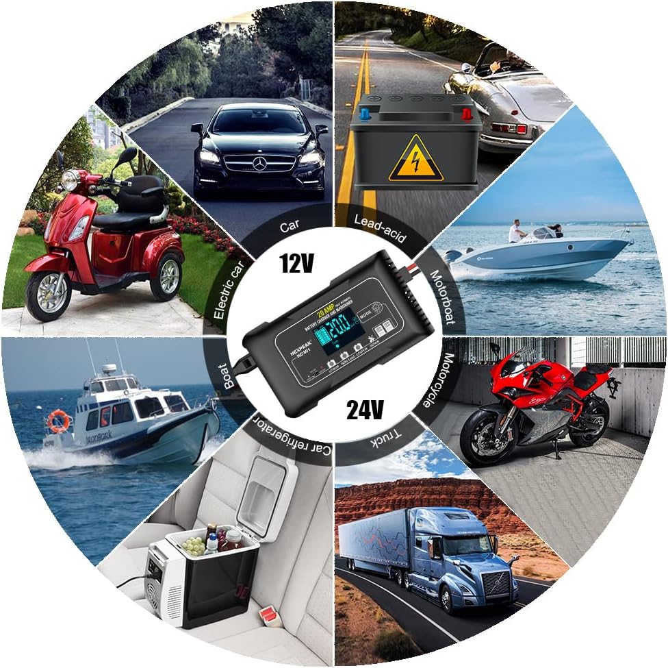 NEXPEAK NC301 20-Amp Car Battery Charger, 12V and 24V Smart Fully Automatic LiFePO4 Battery Charger Maintainer Trickle Charger w/Temp Compensation for Car Truck Boat Lead Acid Lithium Batteries