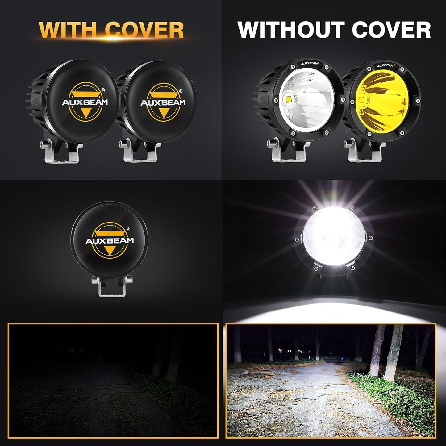 Auxbeam C4 Series 4 Inch Black Protective Light Covers, Round Offroad LED Pods Lens Cap, On Road & Off Road, Polycarbonate Plastic, Snap-On Design, 2 Packs