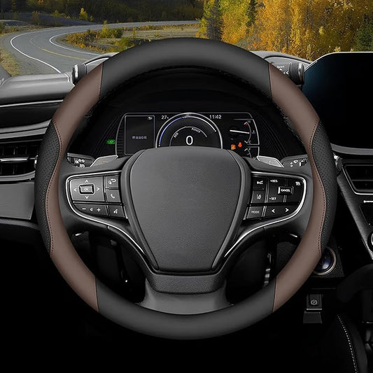 Steering Wheel Cover Universal Standard Size 14.5-15 inch, Breathable Microfiber Leather, Anti-Slip, Soft Grip, Sporty Design, Fits for Cars SUVs Trucks, Black and Chocolate Brown