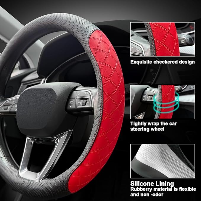 LKWLIKEI Nappa Leather Steering Wheel Cover, Elegant Diamond Checkered Design, Non-Slip wear-Resistant, Enhance Driving Comfort, Suitable for Steering Wheel Diameter 14 1/2‘-15’ Models .Black Red