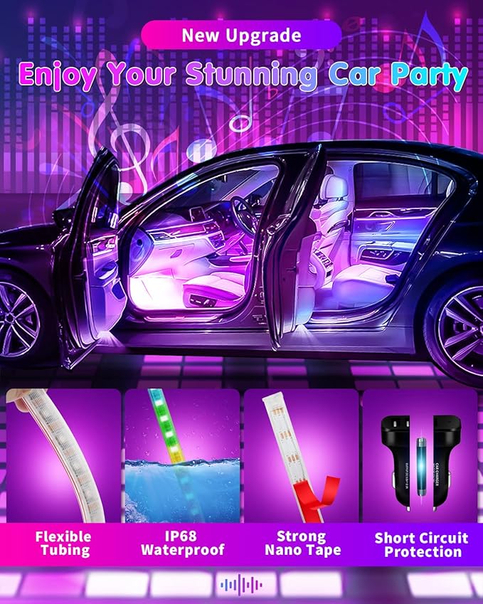 RGB Interior Car Strip Lights with Smart APP Control, Music Sync Under Dash Footwell Neon Internal Lighting Kit 2 Lines Design,12V LED Strip Lights for Cars, Trucks, SUVs with Car Charger(1 Set)