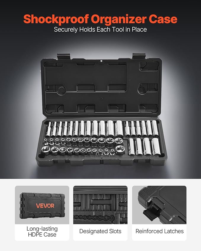 VEVOR Socket Set, 46 Pieces, 1/4 inch Drive Socket Tool Set, SAE and Metric Size, Deep and Standard, Mechanic Tool Kit with Storage Case, Chrome Plated CR-V Alloy Steel, for Automotive Repair