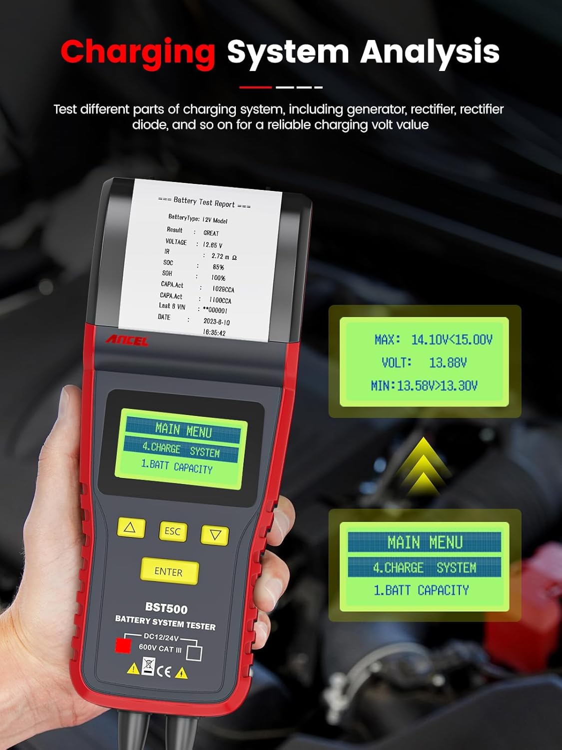 ANCEL BST500 Car Battery Tester with Printer, 12v 24v Automotive Battery Load Tester, Cranking Charging System Analyzer, 99.99% Accuracy for Car Motorcycles Truck SUV ATV RV and More