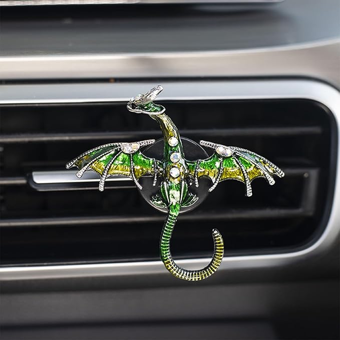 Dargon Air Vent Clips Car Air Freshener 2pcs Bling Green Dragon Car Accessories Enamel Fire Dragon Wyvern Vent Clips Refillable Car Essential Oil Outlet Diffuser Gothic Car Decor