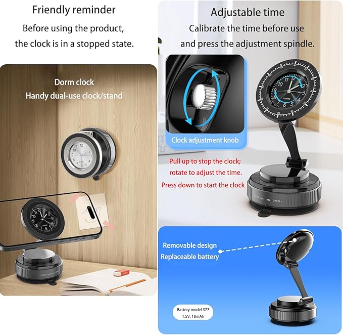 Magnetic Car Phone Holder for iPhone Magsafe, 360°Foldable Suction Cup Phone Mount, Stand for Desk with Clock Compatible with All Smartphones