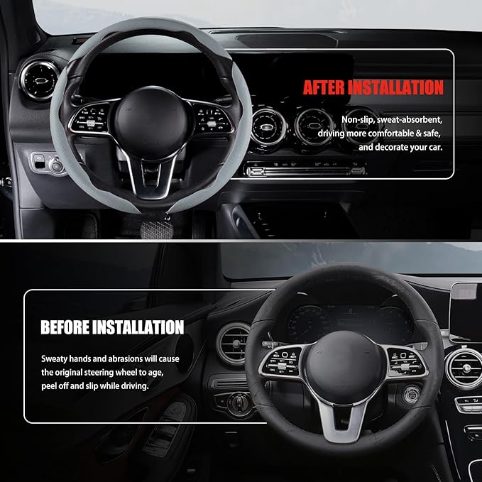 Nappa Leather Car Steering Wheel Cover for Men Women, Ultra-Thin Non-Slip Breathable Microfibre, Universal for 14.5"-15" Steering Wheel - Gray