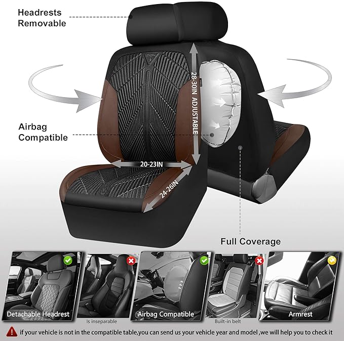 CAR PASS Waterproof Black Brown Car Seat Covers Front Seat Covers Neoprene Wetsuit,All-Weather Non-Slip Durable,Universal Fit for SUV Sedans Trucks Automotive,Airbag Compatible,3D Emboss Black Brown