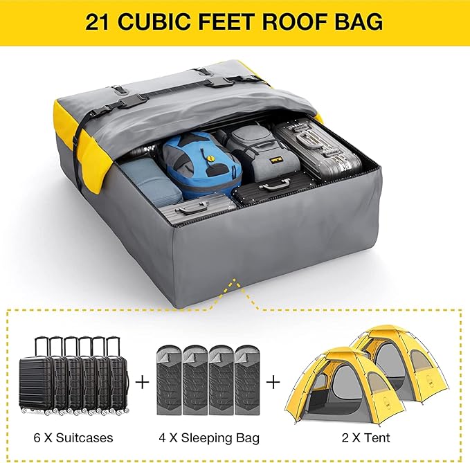 WILDROAD Car Roof Bag Rooftop Cargo Carrier, 21 Cubic Feet Waterproof Roof Luggage Cargo Carrier Bag with Anti-Slip Mat for All Cars Vehicles SUV with/Without Rack (21 Cubic Feet)