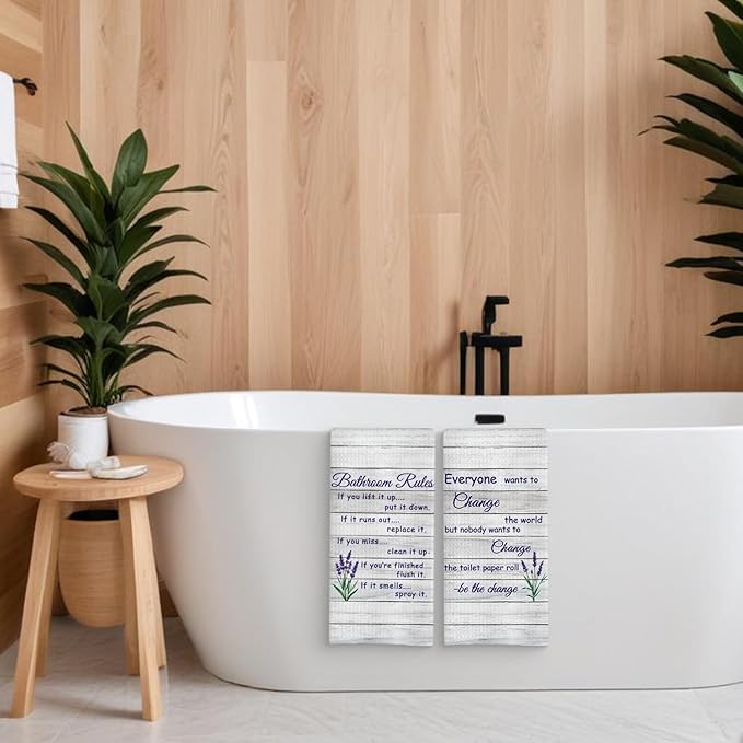 Funny Bathroom Rules Decorative Hand Towels Set of 2, Rustic Farmhouse Hand Towels for Bathroom Decor, 16x24 Inch(Lavender Style)