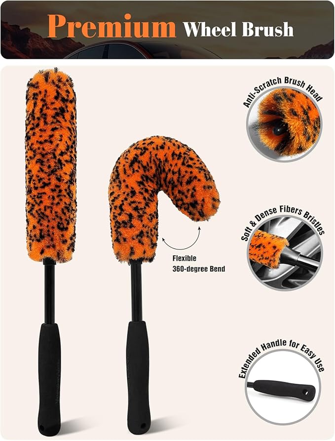 YeewayVeh Car Wheel Brush Kit, 3 Pack Scratch-Free Wheel Cleaner Brush and Detailing Brush, Wheel Car Cleaning Wash Brushes for Vehicle Motorcycle Rim Fenders Engine Exhaust Tips, Orange&Black
