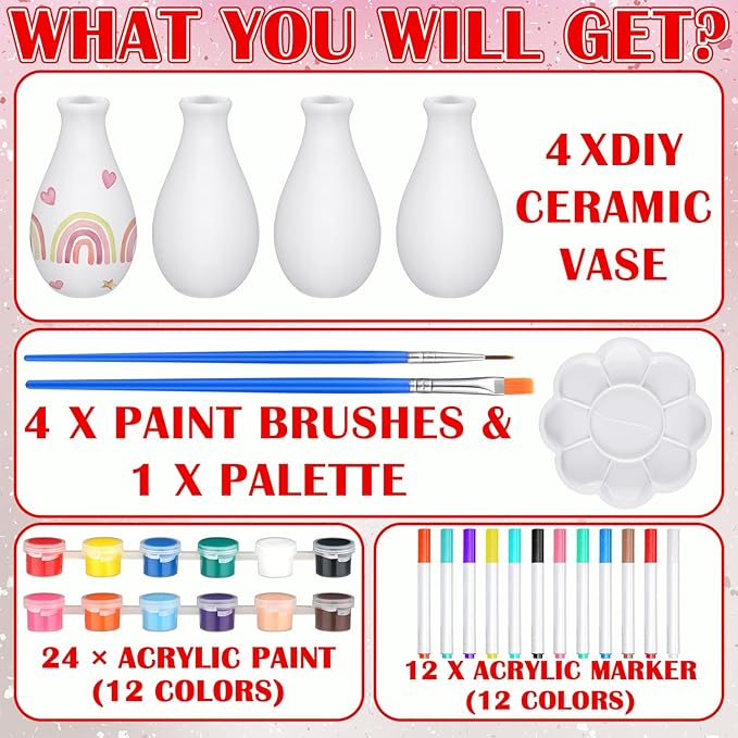 Singhoow 4 Set Paint Your Own Porcelain Paint Vase Art Project White Ceramic Painting Kit for Adults Porcelain Vase Decorating Kit with Christmas Holiday Supplies DIY(Stylish)