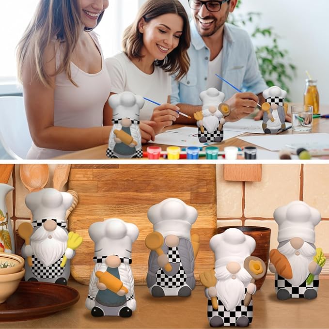 Eersida 6 Sets Christmas Chef Ceramics to Paint Black and White Chef Gnome Ready to Paint Your Own Ceramic Xmas Statue DIY Unpainted Ceramic Paintable Christmas Figurines Kit Crafts with Brush Palette