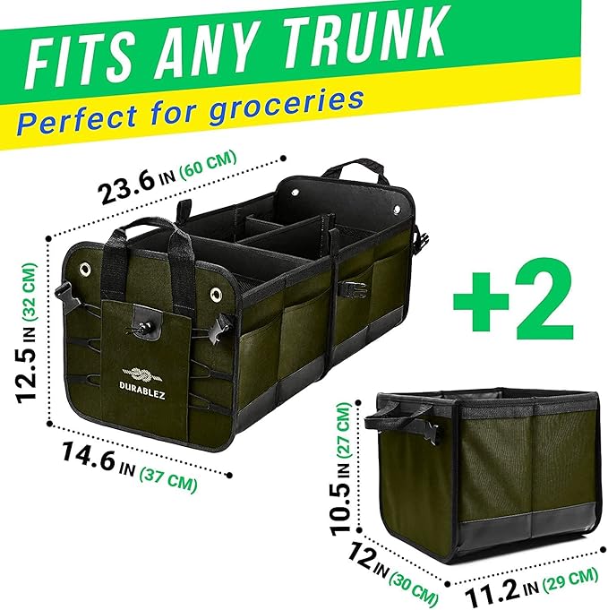 Extra Large Car Trunk Organizer for SUV - Trunk Storage - Modular Configurable Detachable Collapsible - Minivan Truck Sedan Van - 4 Compartment XXL, Green
