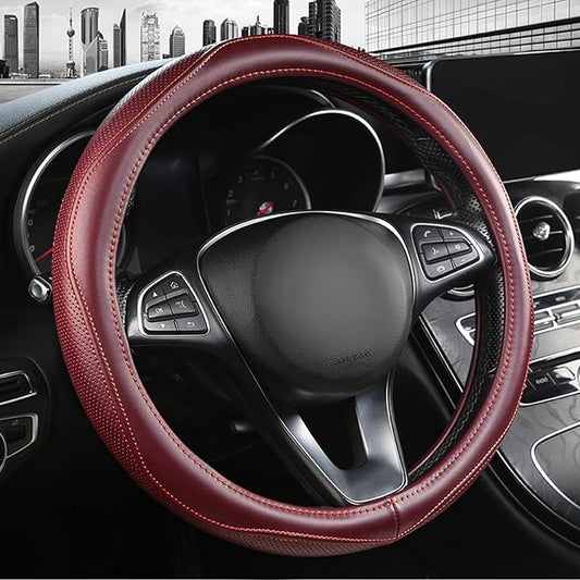High-Grade Wine Red Genuine Leather Steering Wheel Cover for Men Women，Real Cowhide Leather Steering Wheel Cover for Cars,Universal 14.5-15 inch Steering Wheels