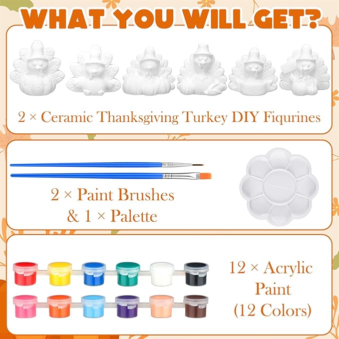 Eersida 6 Sets Thanksgiving Turkey Ceramics to Paint Ready to Paint Your Own Ceramic Turkey Statues DIY Unpainted Ceramics Paintable Thanksgiving Figurines Kit Crafts with Brush Palette