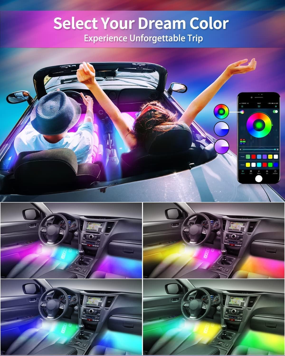 RGB Dream Color Interior Car Strip Lights with Smart APP Remote Control, DIY Mode and Music Mode, Multicolor Footwell Under Dash Chasing Inside Light Kits for Cars Truck ATV UTV with Car Charger