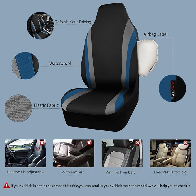 CAR PASS AquaShield Neoprene Waterproof Car Seat Covers for Front Seats Only, High Back Bucket Seat Cover,Airbag Compatible, Line Rider Seat Covers Universal Fit for Auto Truck Van SUV (Black Blue)