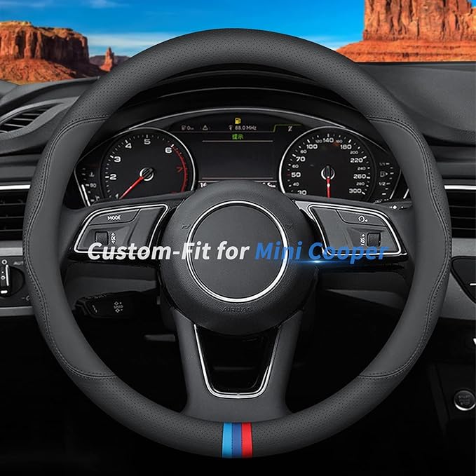 Custom-Fit for Mini Steering Wheel Cover, Premium Leather Car Steering Wheel Cover with Logo, Non-Slip, Breathable, for Mini Accessories (D-Style,for Mini Cooper)