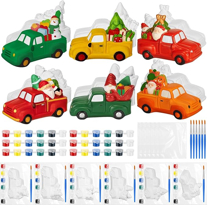 JellyArch 6 Set Christmas DIY Painting Kit Ceramic 3D Ceramic Truck to Paint Your Own Truck with Snowman Reindeer Claus Statues Unpainted Plaster Craft with Brush Paint Bag for Adult
