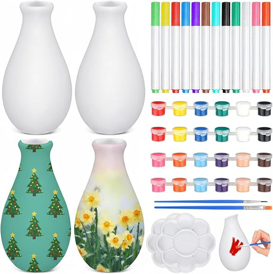 Singhoow 4 Set Paint Your Own Porcelain Paint Vase Art Project White Ceramic Painting Kit for Adults Porcelain Vase Decorating Kit with Christmas Holiday Supplies DIY(Stylish)