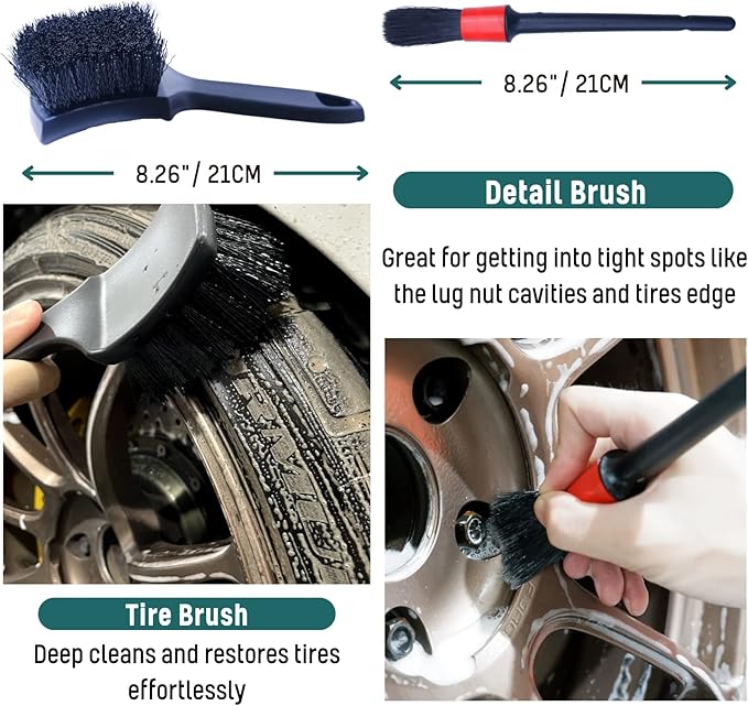 Professional 4 Pack Long Handle Wheel Brush Kit for Cleaning Wheel and Tire- 2X Soft Wheel Cleaning Brush, Detailing Brush and Stiff Tire Brush, Bendable& Durable Wheel Rim Cleaner Brush Set