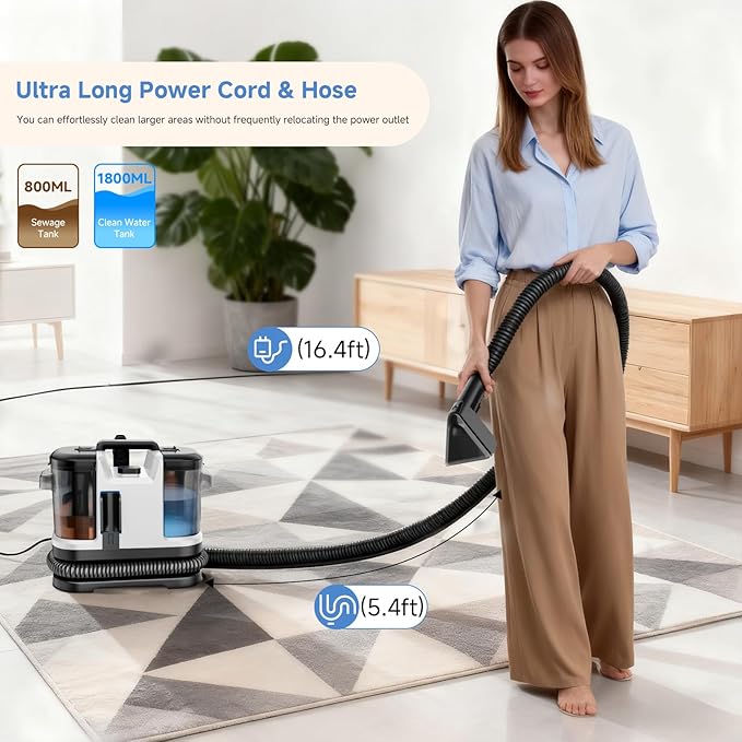 Portable Spot Cleaner Machine for Carpet and Upholstery - 18Kpa Carpet Cleaner with Dual BrushHeads, Easy Move, Cleaning Machine for Furniture, Couch, Stairs, Car and Pet Stain, White