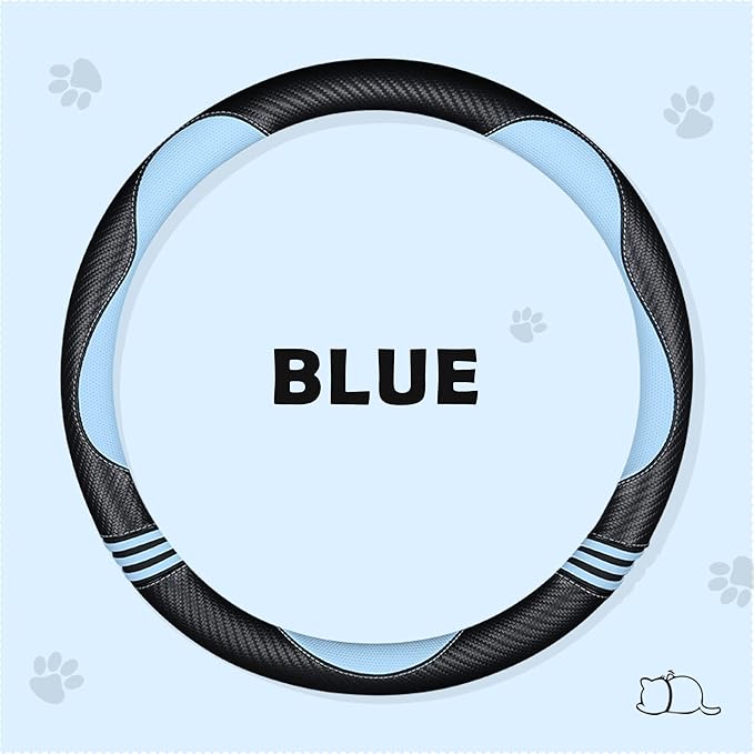 Car Steering Wheel Covers for Women Padded Carbon Fiber PU Leather Cute Auto Interior Accessories for Vehicle, Sedan, Universal, Anti Slip, Blue, Standard Size 14.5-15"(37-38cm)