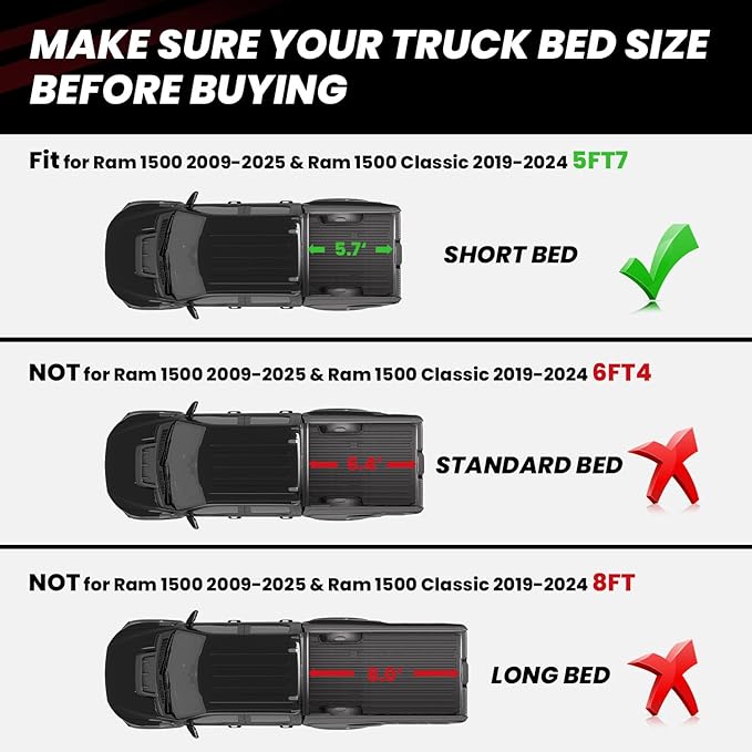 LASFIT 5FT7 Truck Bed Mat with Rambox for Ram 1500 2009-2025 2026 & RAM 1500 Classic 2019-2024 Short Bed (5.7 FT / 67.4inches), All Weather Custom Fit Truck Cargo Bed Liner, Black