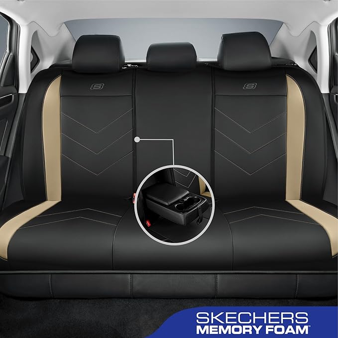 Skechers Car Seat Covers,Luxury Faux Leather Seat Covers,Waterproof Anti Slip Car Seat ProtectorFull Set,Car Accessories Airbag Universal Fit for Most Cars,Vans,Trucks,SUV,Beige