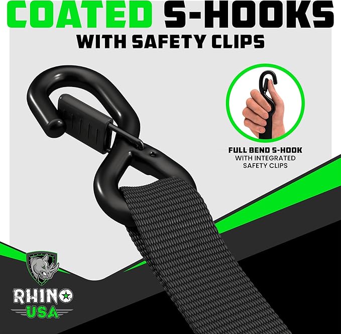 Rhino USA Ratchet Straps Heavy Duty Kit (4-Pack) - 1.6 Inch x 8 Feet Min Break Strength (5,000) - Ultimate Tie Down Straps with Safety S Hooks for Trucks, ATV, UTV, Motorcycle, Cargo & More - Black