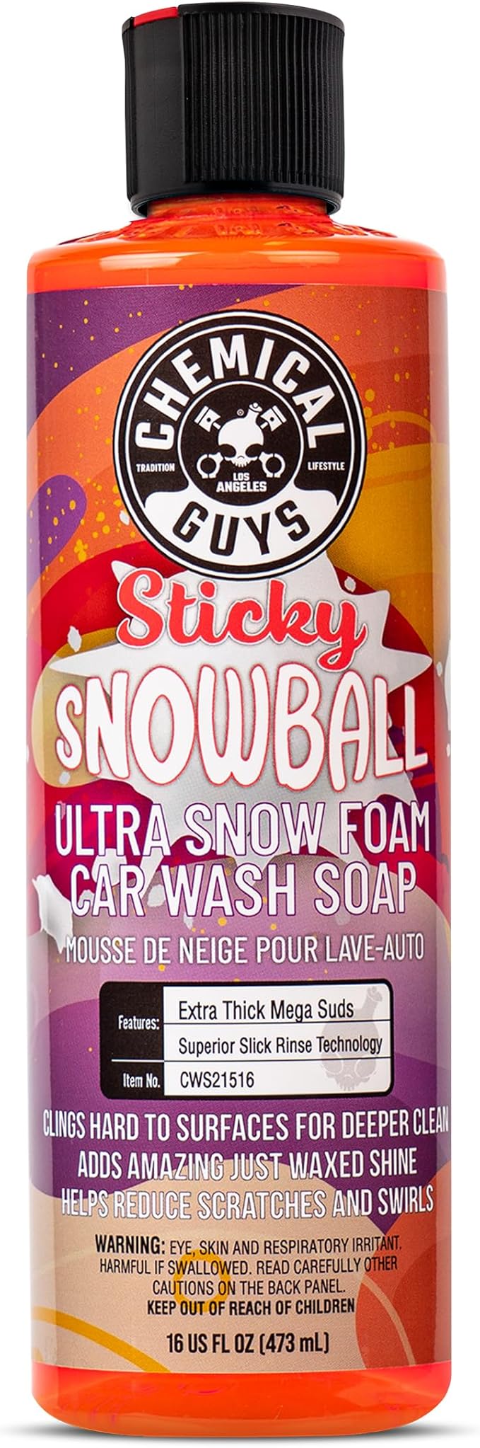 Chemical Guys CWS21516 Sticky Snowball Ultra Snow Foam Car Wash Soap (Works with Foam Cannons, Foam Guns or Bucket Washes) Safe for Cars, Trucks, Motorcycles, RVs & More 16 fl oz, Cherry Scent
