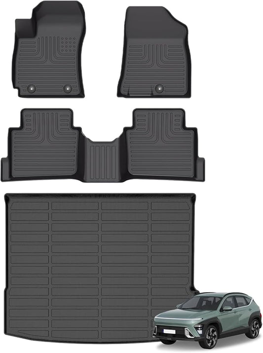 Floor Mats & Cargo Liner for Hyundai Kona 2024 2025 (Not for Electric Models) All Weather Automotive TPE Liners Set Anti-Slip Waterproof Floor Liners Accessories Black