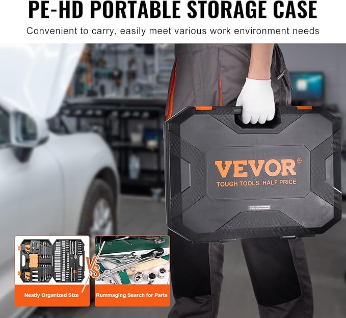 VEVOR Mechanics Tool Set and Socket Set, 1/4" and 3/8" Drive Deep and Standard Sockets, 145 Pcs SAE and Metric Mechanic Tool Kit with Bits, Combination Wrench, Hex Wrenches, Accessories, Storage Case