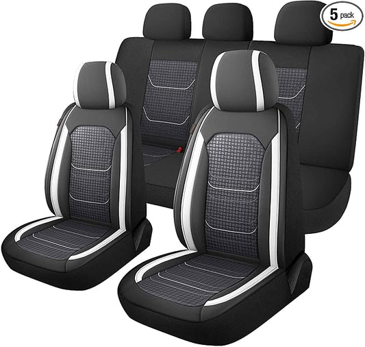 CAROMOP Premium PU Leather&Flannel Car Seat Covers Full Seats,Split Bench Compatible Car Interior Covers, Universal Fit Most Car Sedan Truck SUV(5-Seat Black/White)