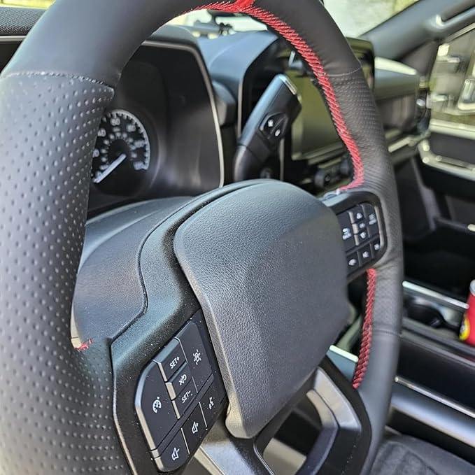 MEWANT DIY Hand Stitch Black Genuine Leather Steering Wheel Cover for Ford F-150 2021-2023 / F-150 Lightning 2022-2023