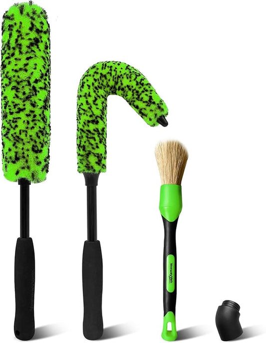 YeewayVeh Car Wheel Brush Kit, 3 Pack Scratch-Free Wheel Cleaner Brush and Detailing Brush, Wheel Car Cleaning Wash Brushes for Vehicle Motorcycle Rim Fenders Engine Exhaust Tips, Green&Black
