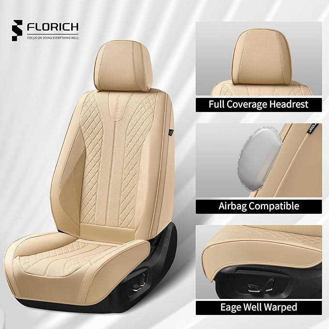 FLORICH Leather Seat Covers, Car Seat Cover Full Set Automotive Seat Covers Waterproof Car Seat Protectors 5 Seats Universal Seat Cover Fit for Most Cars SUV Trucks, Beige