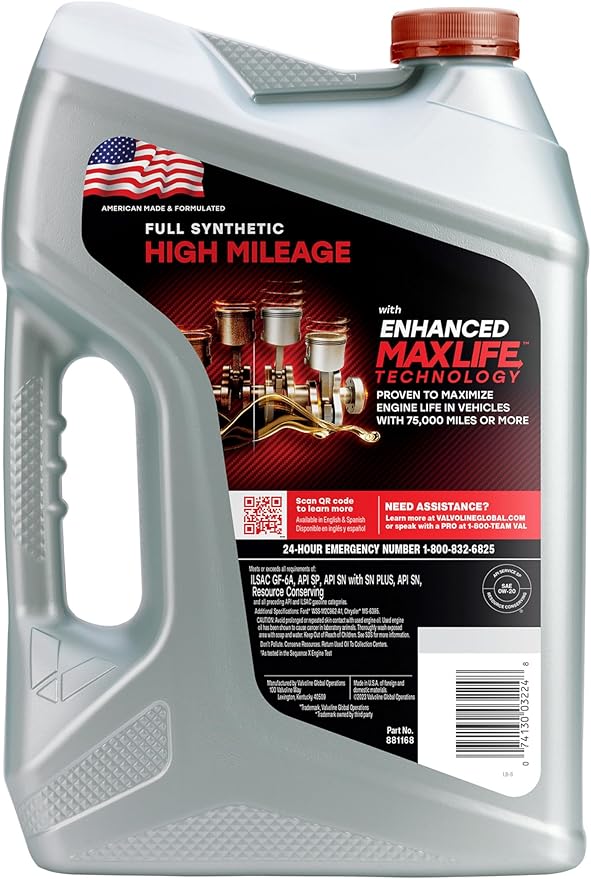 Valvoline Full Synthetic High Mileage with MaxLife Technology SAE 0W-20 Motor Oil 5 QT, Case of 3