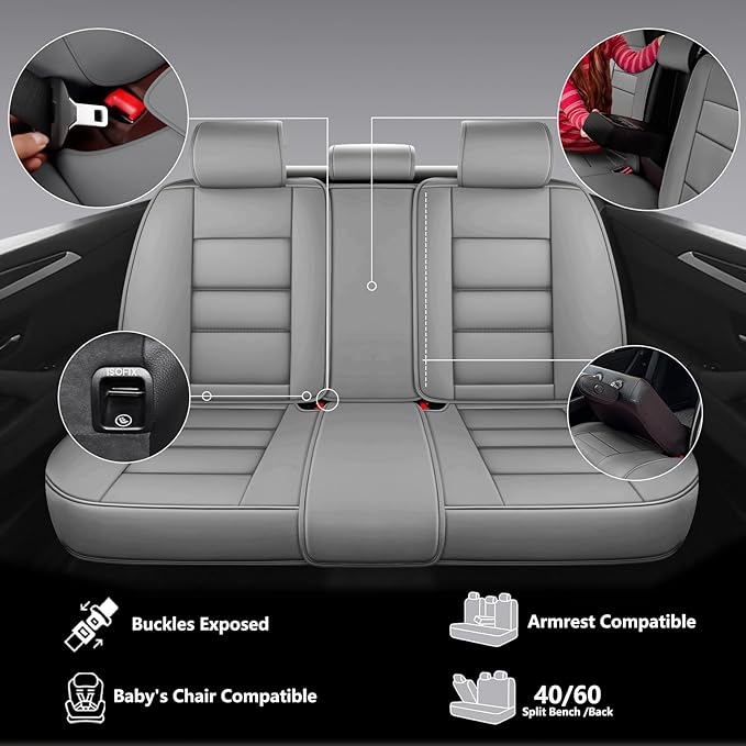 NS YOLO Leather Car Seat Covers Full Set,Universal Fit for Most Cars,SUVs and Sedans,Waterproof Luxury Leatherette Cushions, 5 Car Seat Protectors (Grey, Full Set-5 Seats(Front and Rear))