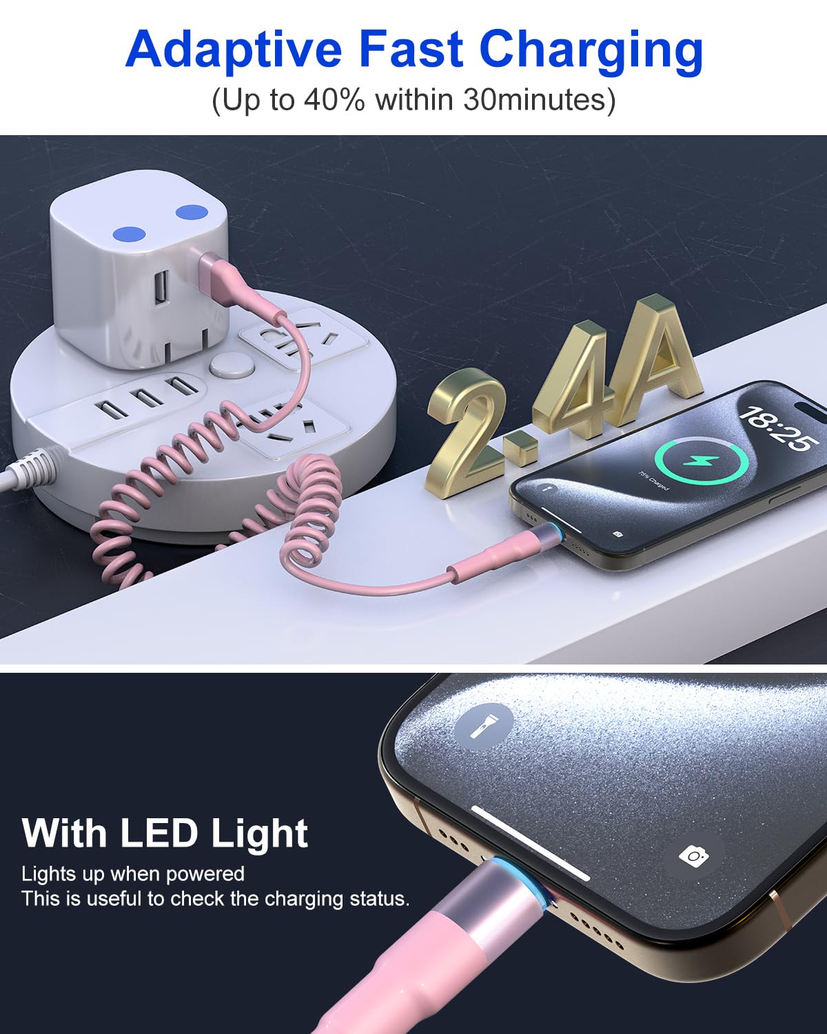 Pink Car Charger Cable - Coiled Lightning Cable for Apple CarPlay with 480Mbps Data Sync LED [MFi Certified], Fast Charging Short USB to Lightning Pink Retractable iPhone Charger Cord for Car