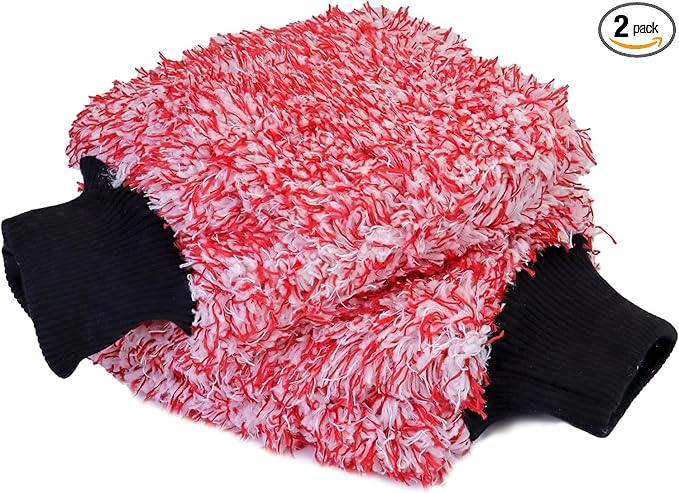 TAKAVU Microfiber Cleaning Mitt, 2 Pack Premium Cyclone Car Washing Gloves, Scratch-Free Lint-Free Wash Mitts, Holds Tons of Sudsy Water for Effective Washing, Machine Washable (Red & White)