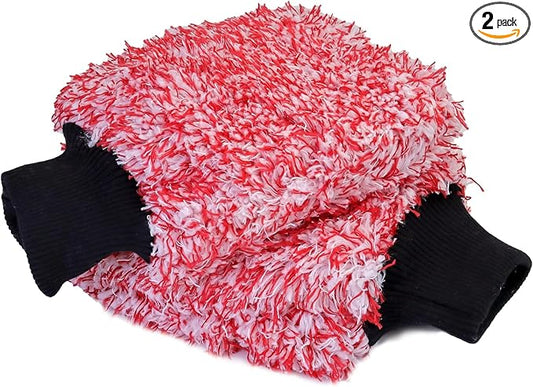 TAKAVU Microfiber Cleaning Mitt, 2 Pack Premium Cyclone Car Washing Gloves, Scratch-Free Lint-Free Wash Mitts, Holds Tons of Sudsy Water for Effective Washing, Machine Washable (Red & White)