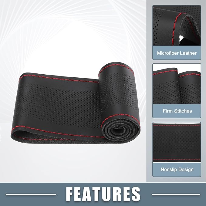 Car Hand Sewn DIY Steering Wheel Cover Breathable Comfortable 32-35cm Stitch on Wrap Cover Microfiber Leather Black Stitches Red