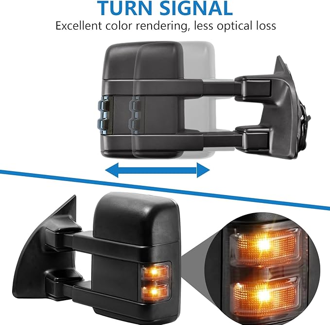 Towing Mirror Left & Right Pair For 99-07 F250/F350/F450/F550 Super Duty,01-05 Excursion,Power Heated,Smoke Signal Light,Arrow Lamp,Driver Passenger Side Lh Rh Replacement