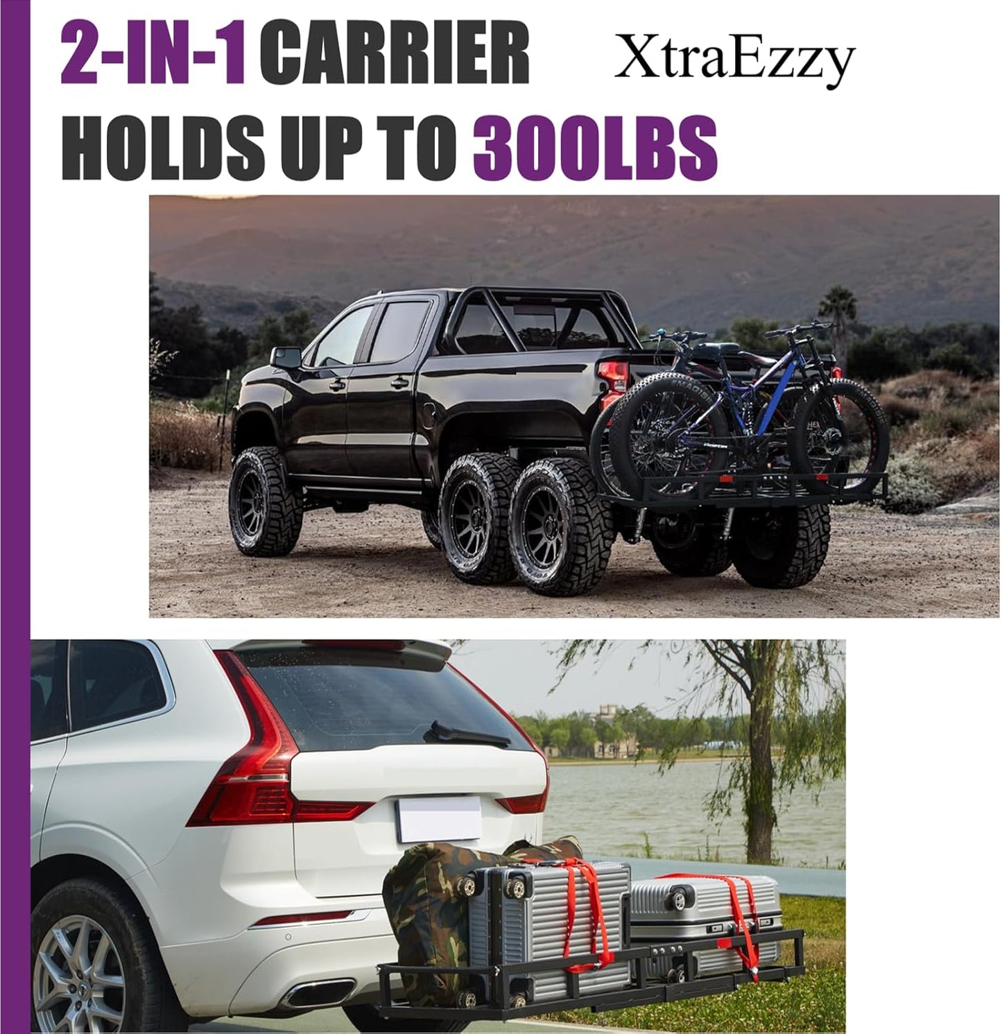 Hitch-Mount Bike Rack for Ebike Heavy-Duty - Comes with Cargo Carrier Fits 2 Electric Fat-Tire Mountain Bicycles Fits 2" Receiver for Car Trailer SUV Truck RV Minivan (Purple)